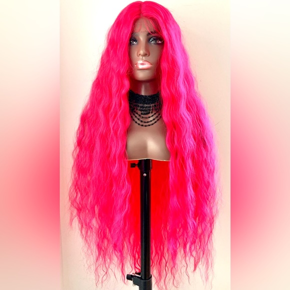Long Gorgeous Hot Pink Premium Fiber Lace Front Wig for Costumes & Events - Picture 5 of 6